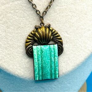 Vintage Art Deco Necklace Peking Style Molded Glass  Brass Frame & Chain Czech
